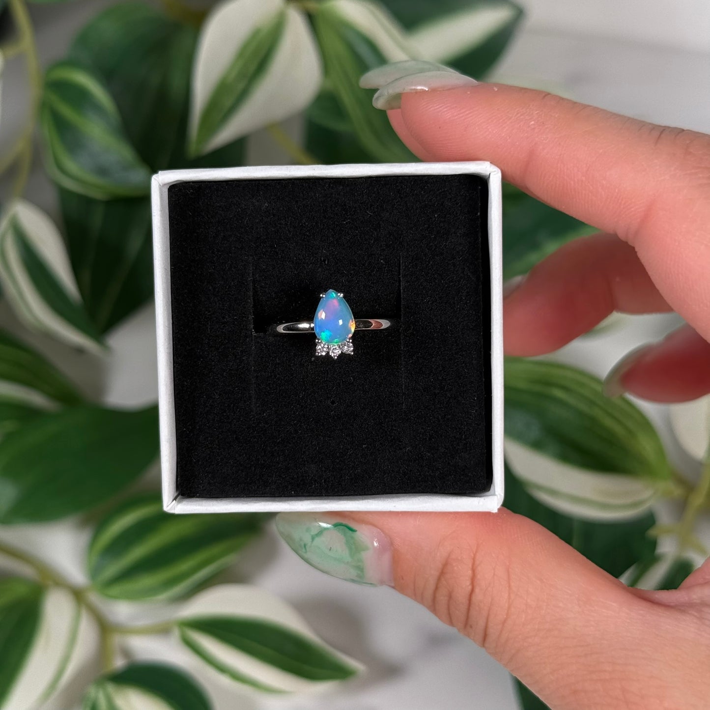 Ethiopian opal with lab grown diamond ring (Sizes 8, 9)