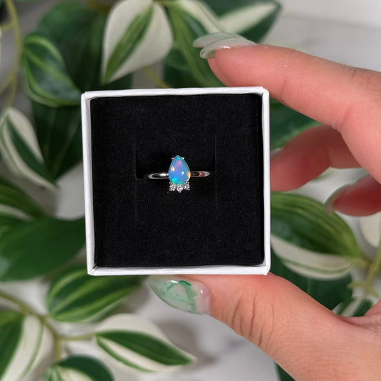 Ethiopian opal with lab grown diamond ring (Sizes 8, 9)