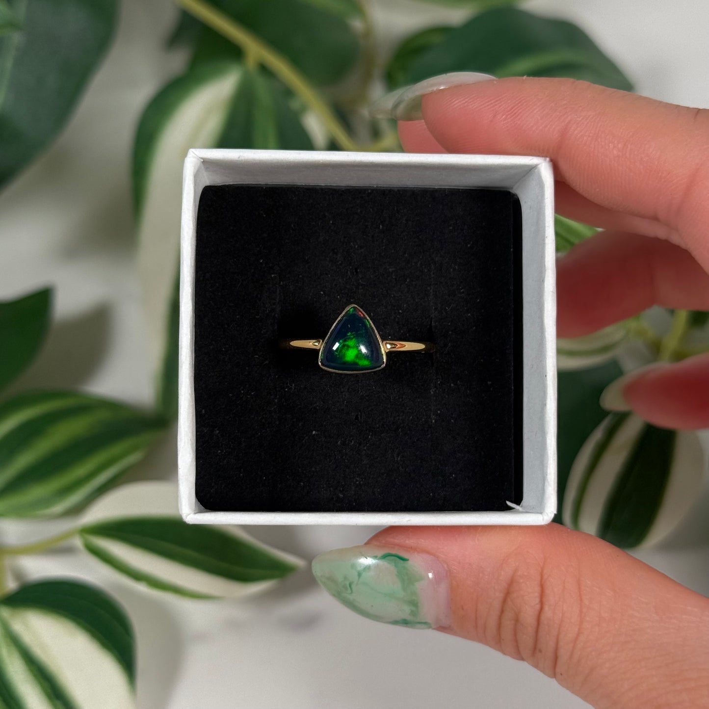 Size 10 gold plated black Ethiopian opal ring