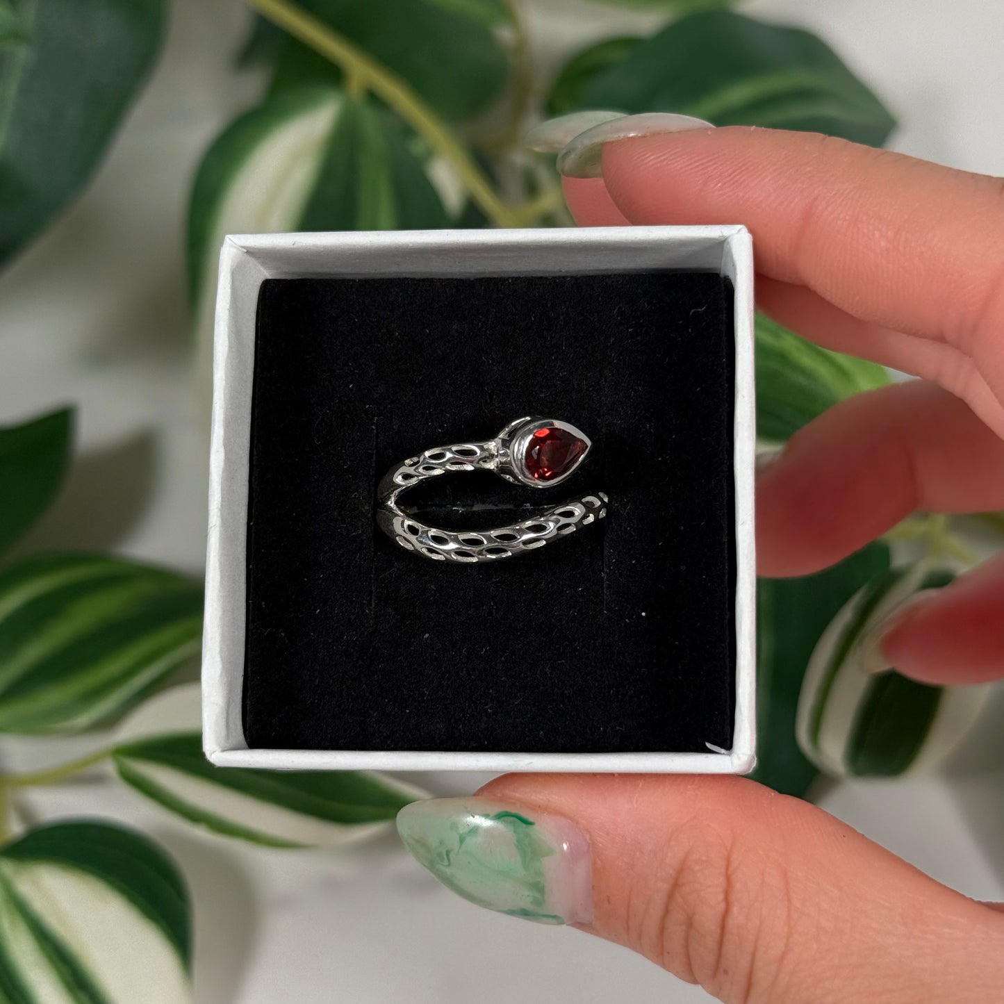 Size 10 garnet snake ring