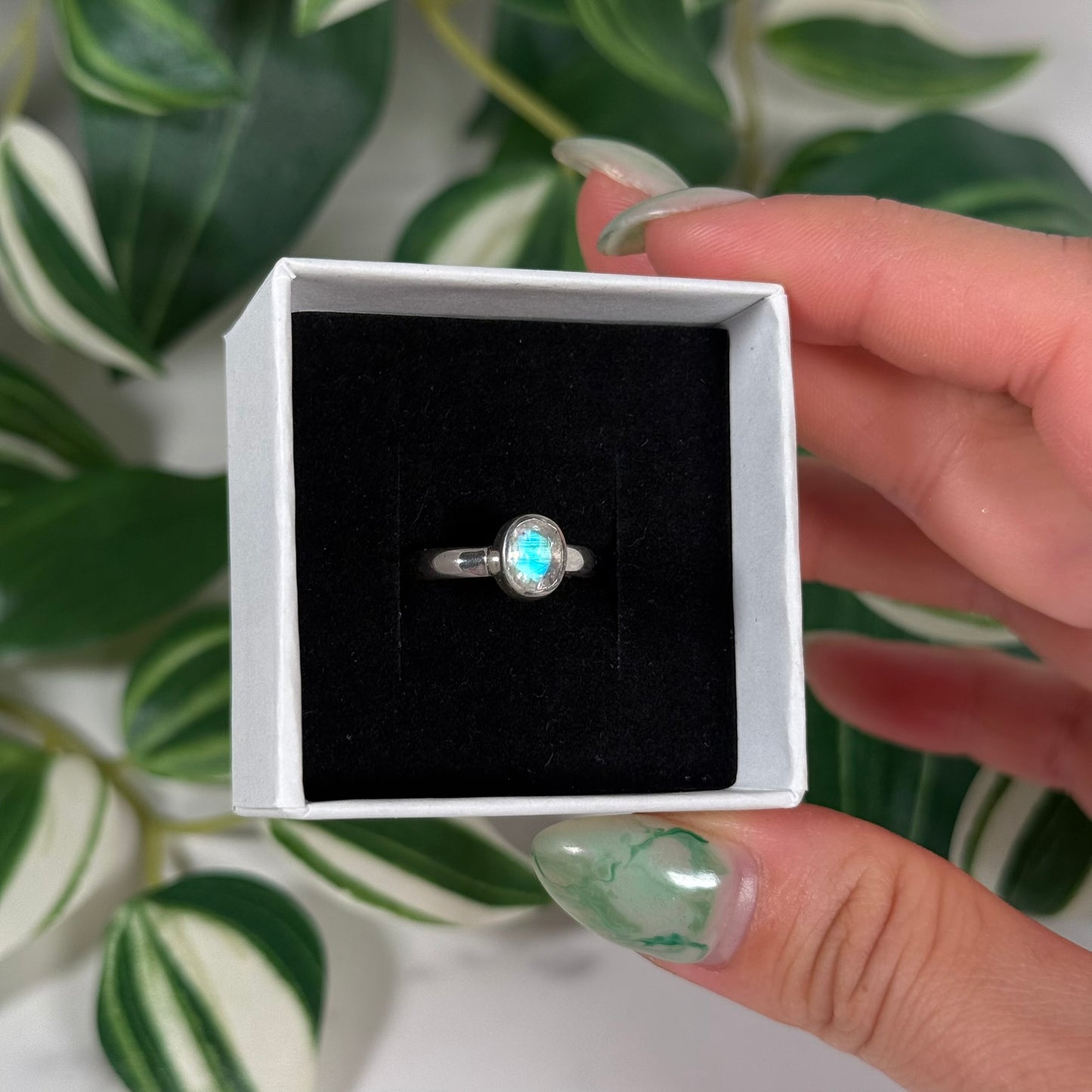 Size 6 teal Madagascar moonstone ring