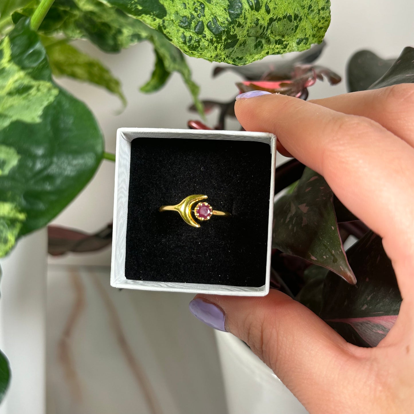 Size 9 gold plated ruby moon ring