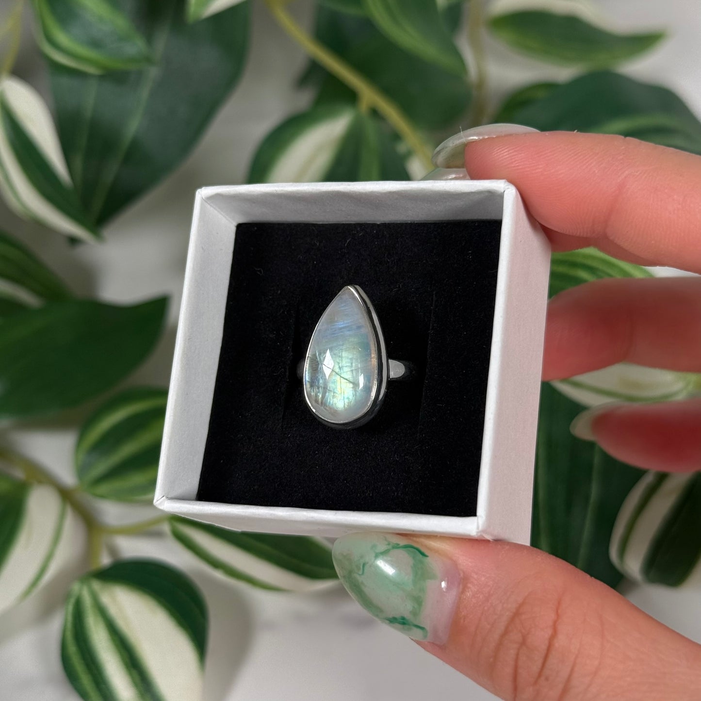 Size 7 rainbow moonstone teardrop ring