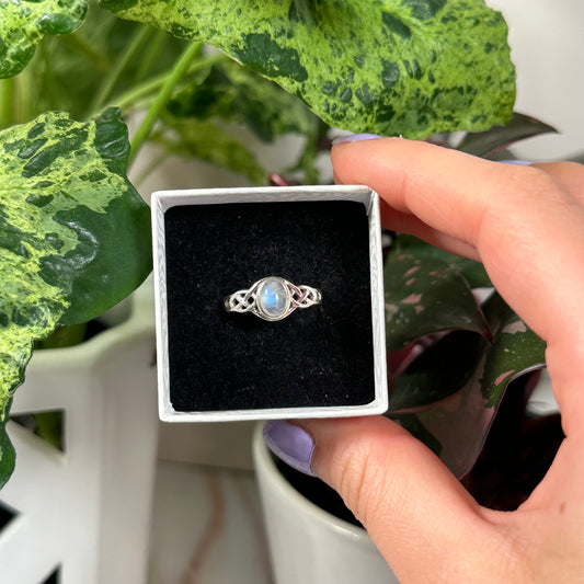 Size 9 rainbow moonstone braid ring