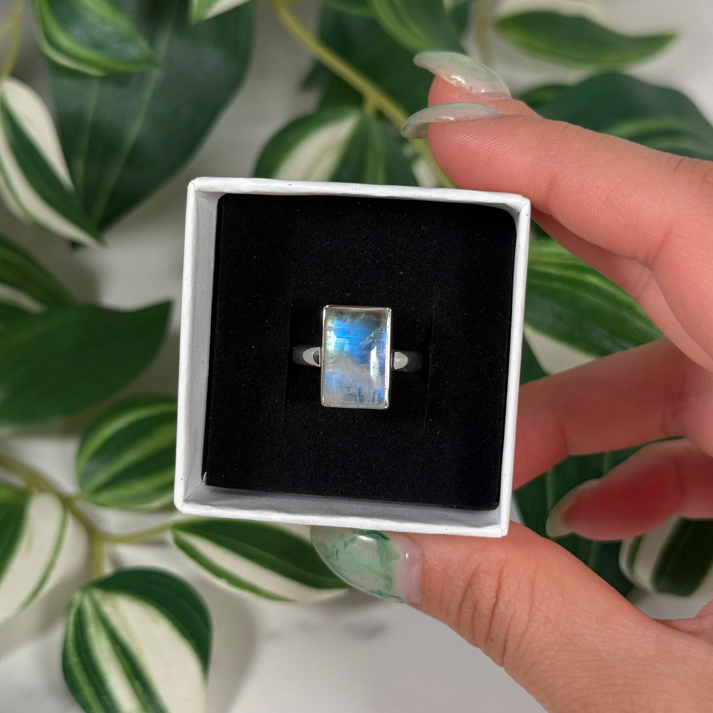 Size 8 rainbow moonstone rectangle ring