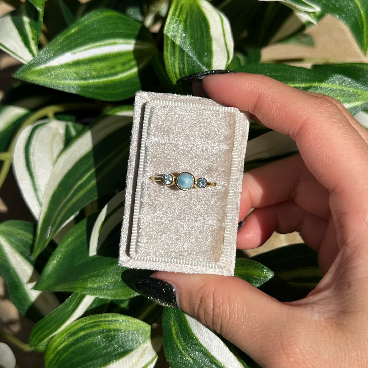 Gold plated size 10 larimar and blue topaz ring