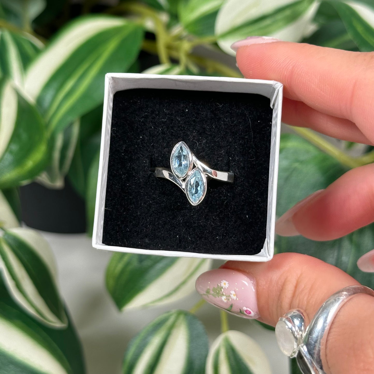 Size 7 blue topaz double marquis ring