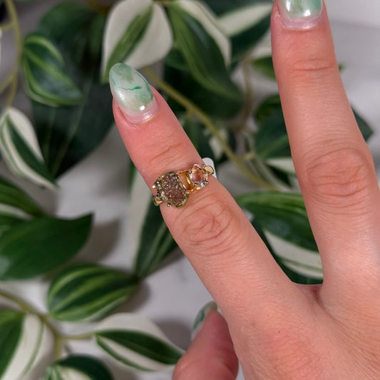 Gold plated Moldavite with Pakimer diamond ring (Sizes 5, 6, 7)