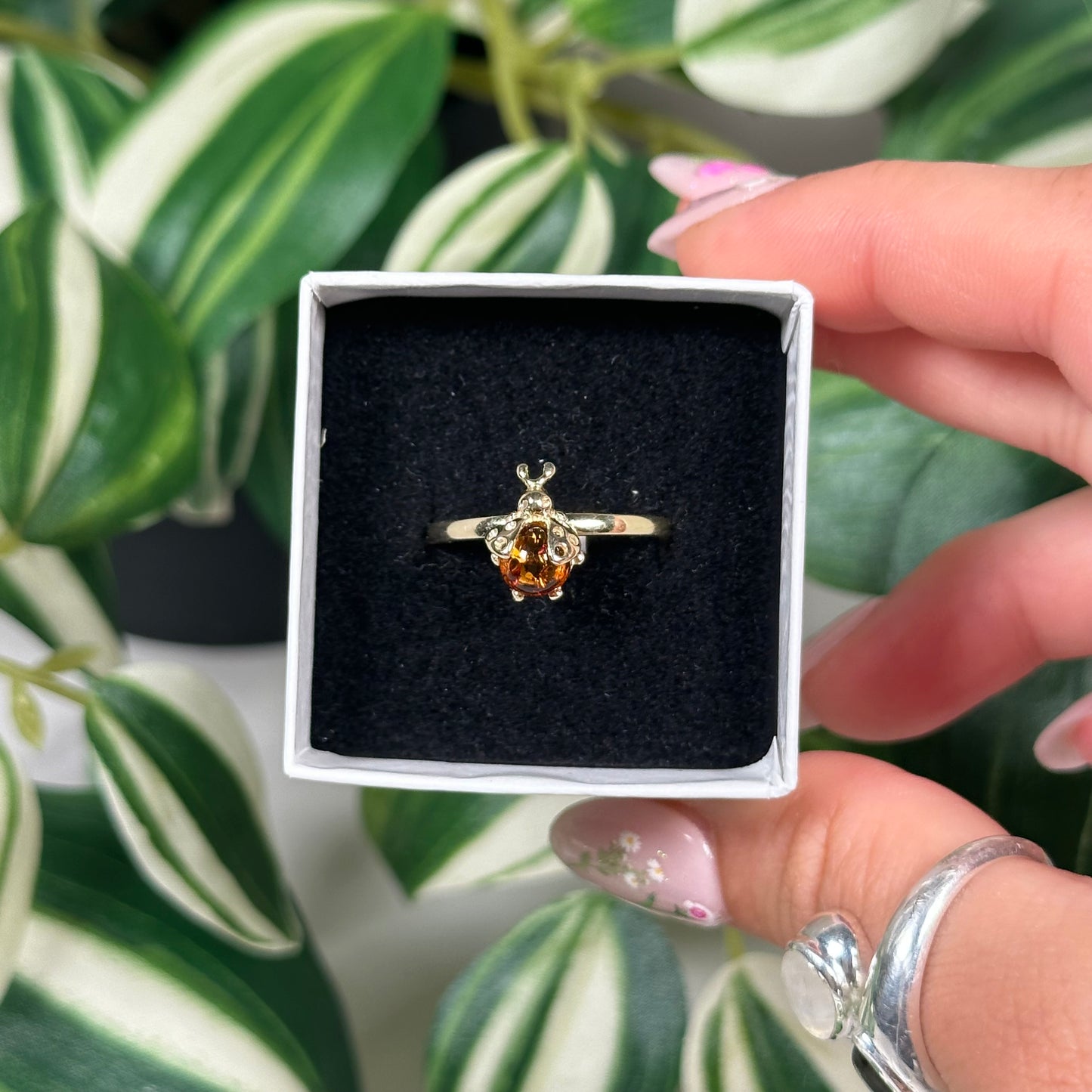 Gold plated amber ladybug ring (size 5, 6, 7, 8, 11)