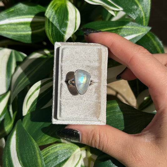 Size 5 asymmetrical rainbow moonstone ring