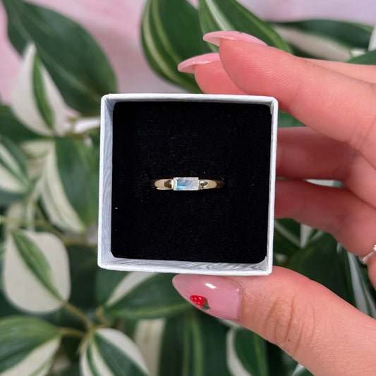 Gold plated rectangle rainbow moonstone ring (sizes 6, 7, 8, 9)