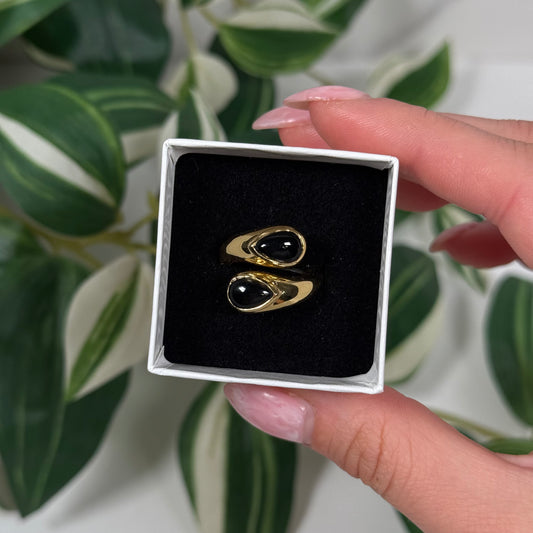 Gold plated double black onyx ring (sizes 6, 7, 8)