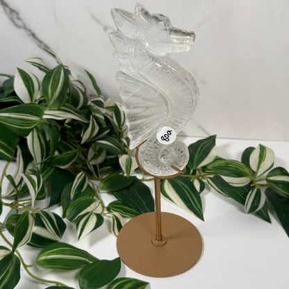 Clear quartz seahorse on stand A