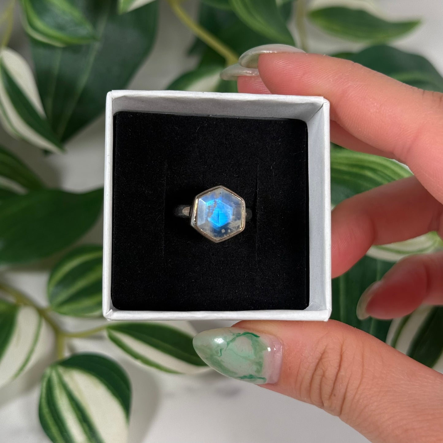 Size 6 hexagon rainbow moonstone ring