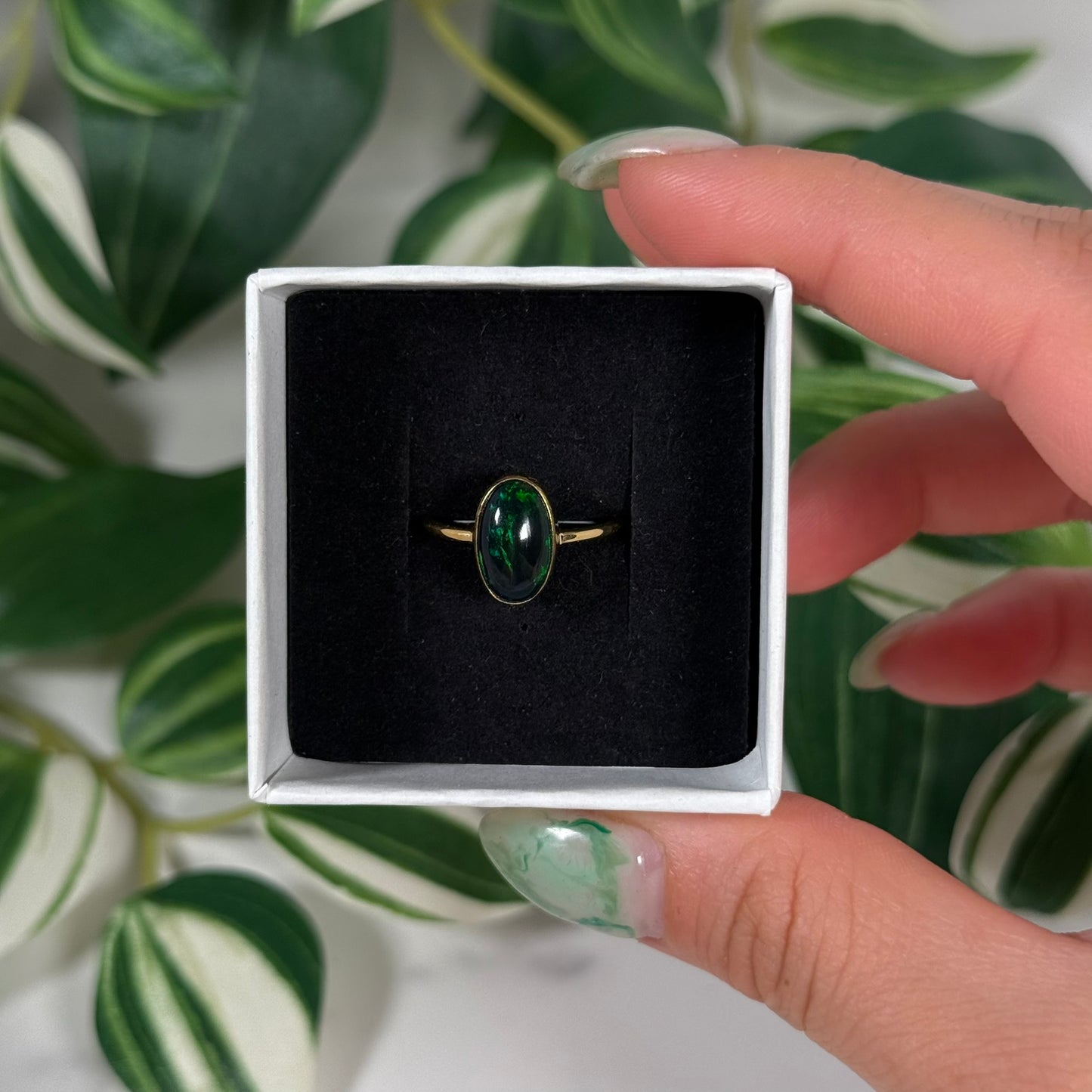 Size 7 gold plated black Ethiopian opal ring B
