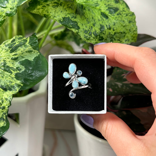 Size 9 larimar with blue topaz butterfly ring