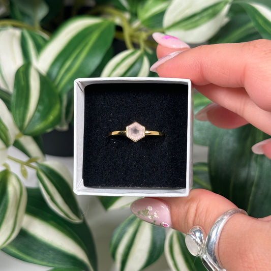 Gold plated size 10 rose quartz hexagon ring