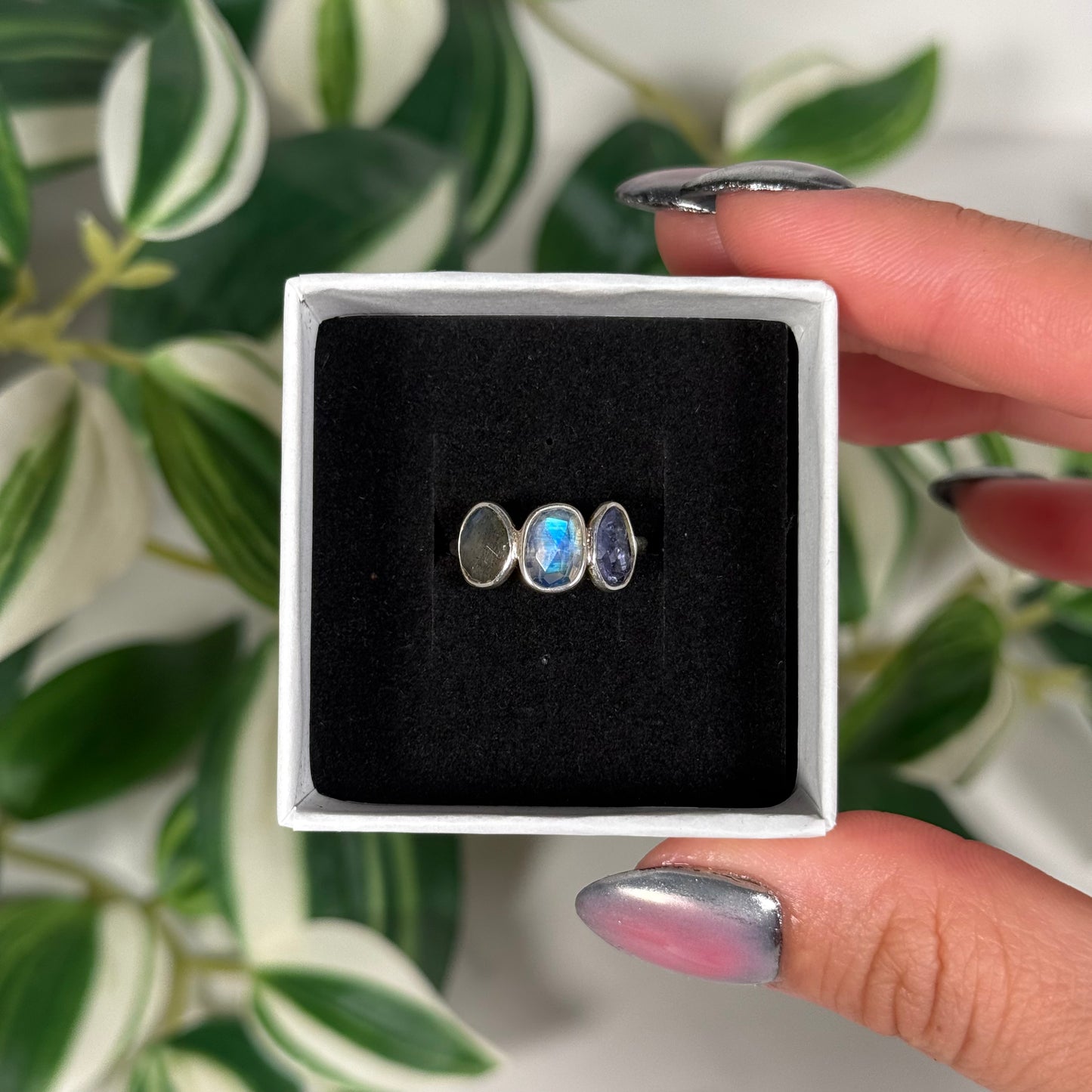 Size 5 labradorite/rainbow moonstone/tanzanite ring