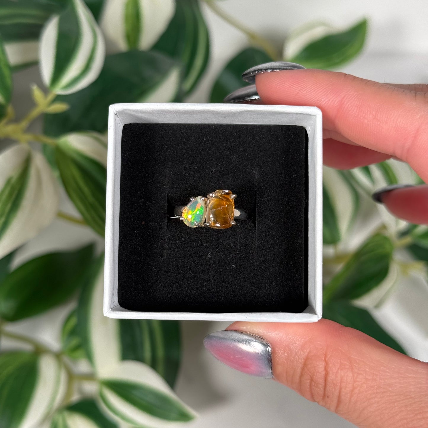 Size 5 Ethiopian opal/raw citrine ring