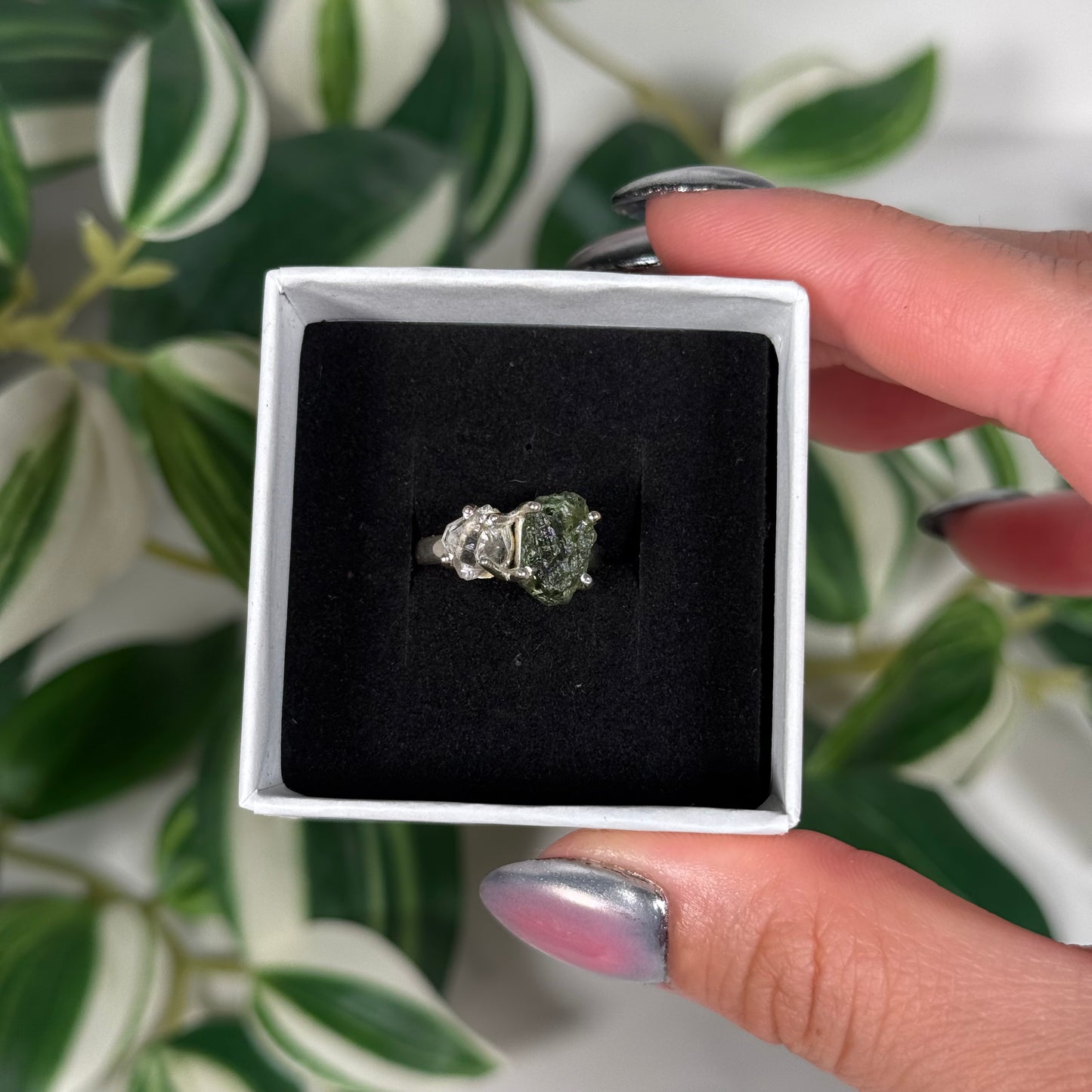 Moldavite/Pakimer diamond ring (Sizes 5, 6, 7)