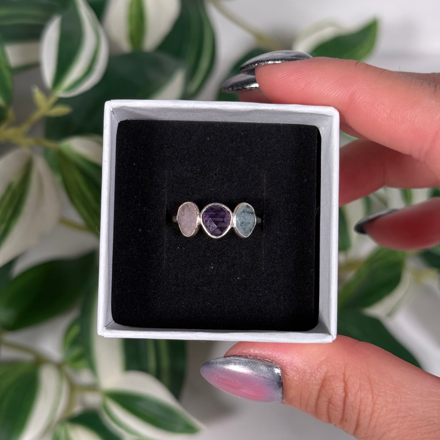 Size 6 rose quartz/amethyst/aqua kyanite ring