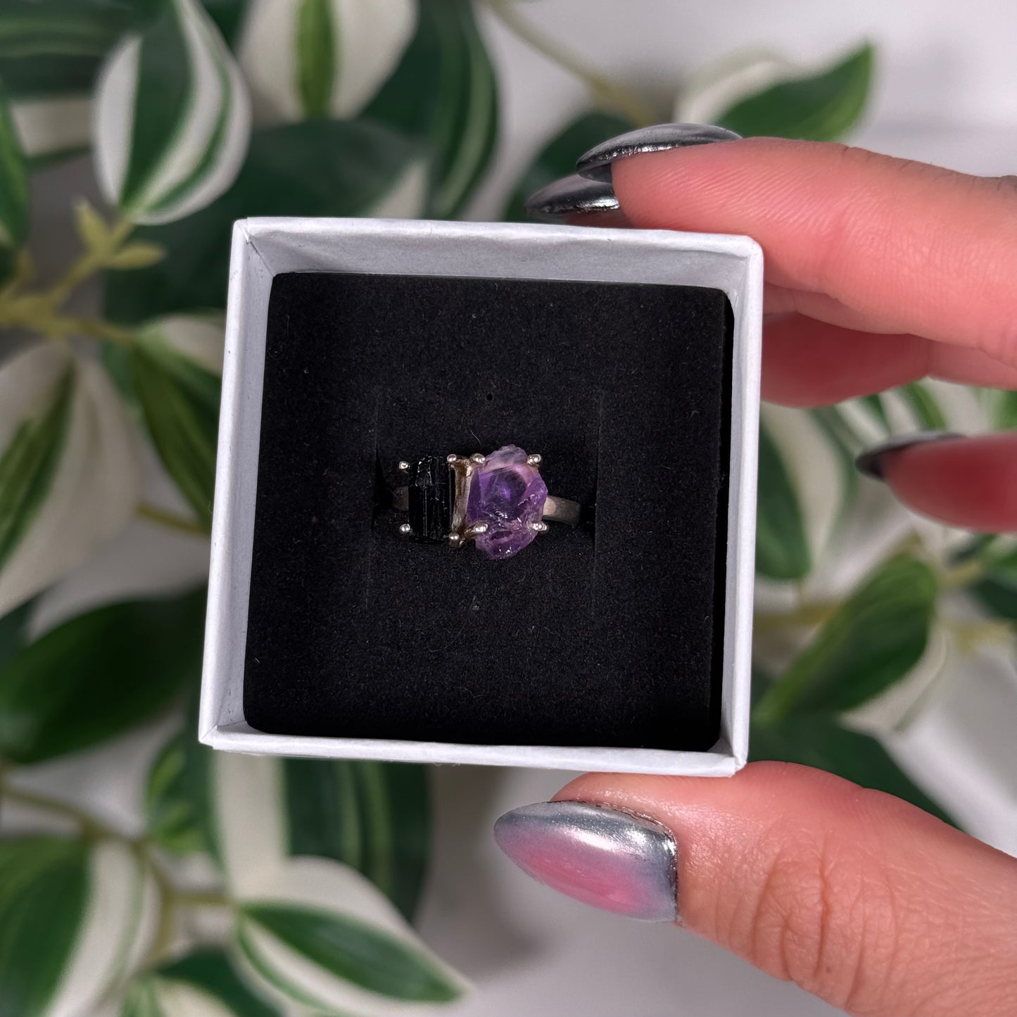Size 6 black tourmaline/amethyst ring
