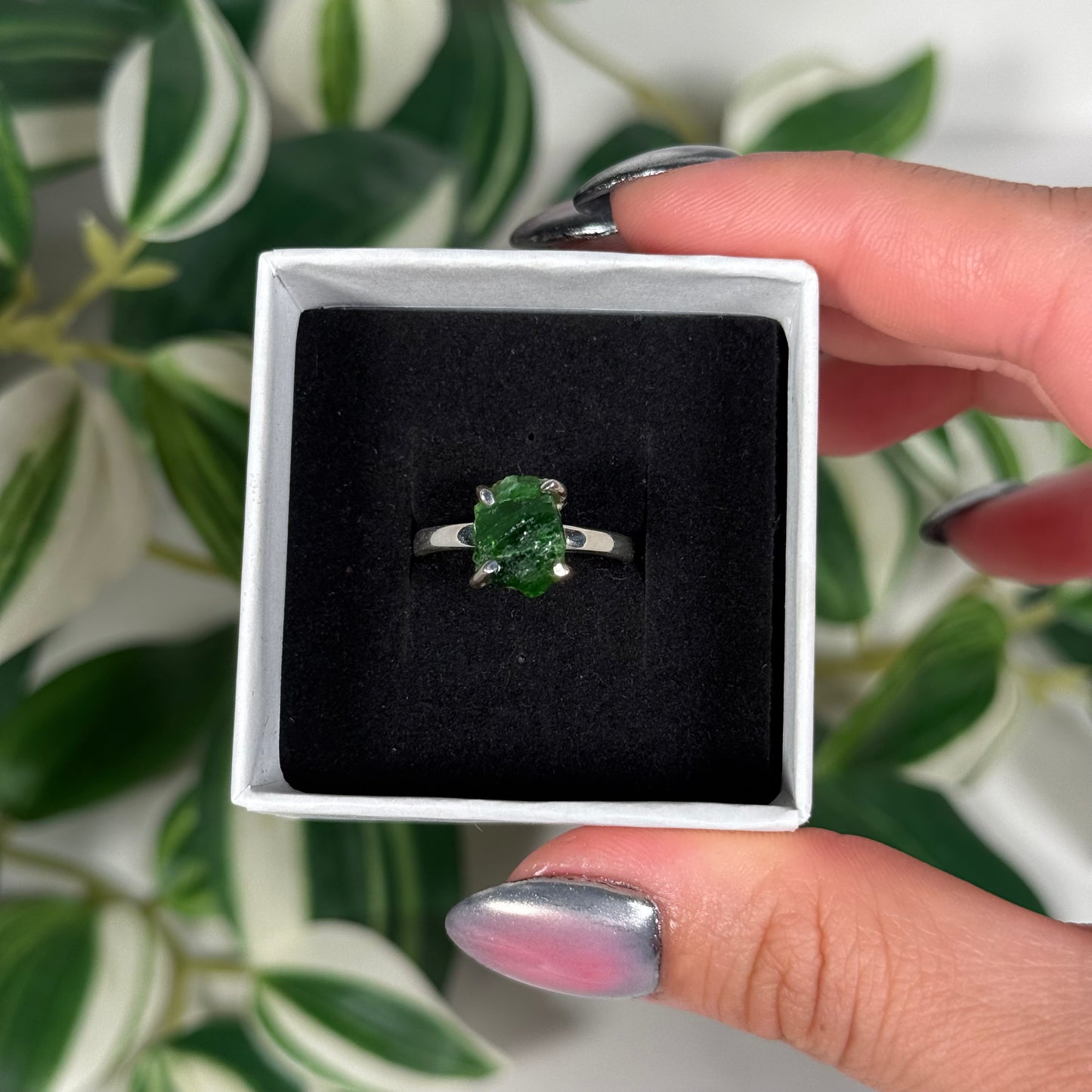 Size 8 raw chrome diopside ring