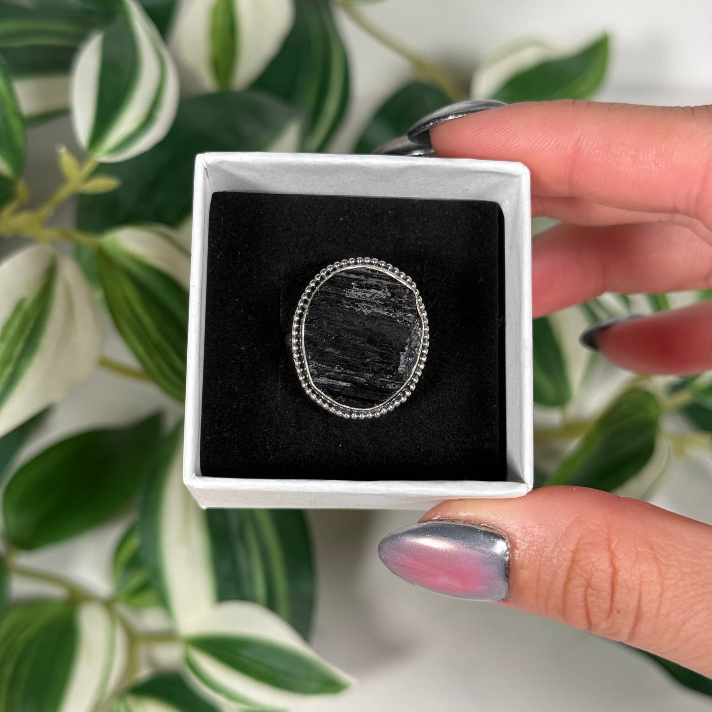 Size 10 raw black tourmaline ring