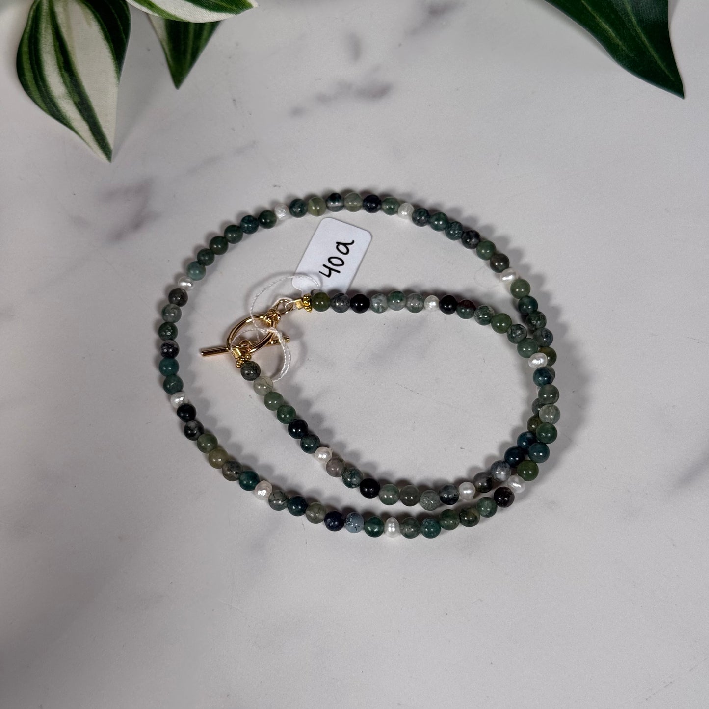 Moss agate and pearl gold clasp necklace